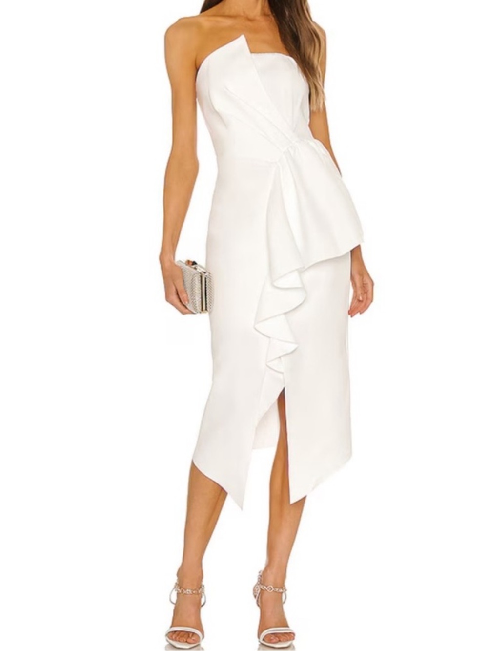 Elliatt Reception Revolve Strapless White Ruffle-Detail Button Back Midi Dress S